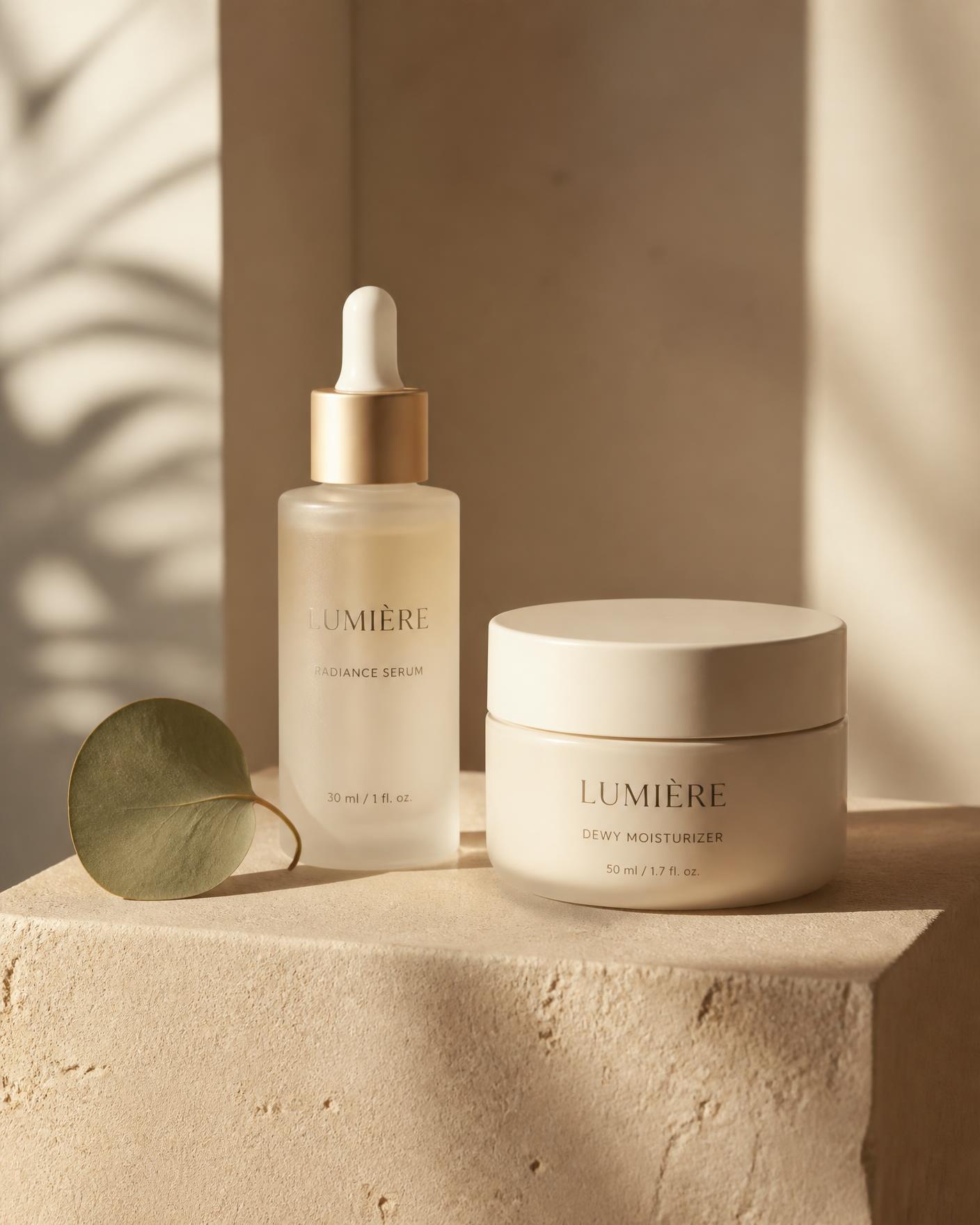 Daphie serum and moisturizer on a sunlit stone plinth